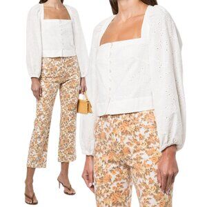 Simkhai Clover Broderie Anglaise Square-Neck Puffed Long Sleeve Top (White)